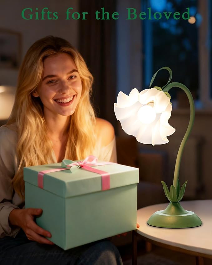 Flower Table Lamp, LED Reading Light Vintage Bedside Table Lamp with 3 Color Modes for Nightstand, Kawaii Decoration for Home Bedroom Living Room (Green)