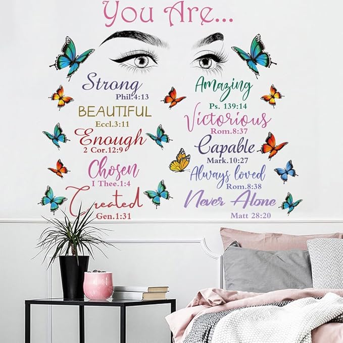 Datesno Beautiful Eyelash Eyes Wall Decor Vinyl Art Inspirational Quotes You Are Beautiful Stickers Butterfly Decals Bedroom Decoration for Living Room Home Decor, Chroma