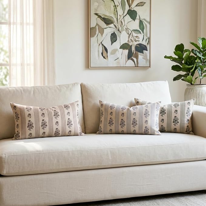 Amor Virisso Floral Throw Pillow Covers 12 x 20 Set of 2 Block Print Pillow Covers Neutral Floral Striped Farmhouse Decorative Pillow Covers for Sofa Couch Bed, Dusty Green
