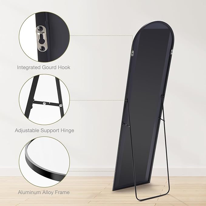Sweetcrispy Arched 59"x16" Full Length Mirror Full Body Floor Mirror Standing Hanging or Leaning Wall, Arch Wall Mirror with Stand Aluminum Alloy Thin Frame for Bedroom Cloakroom,Black