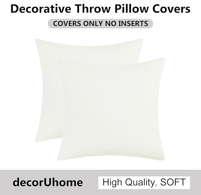 decorUhome Chenille Cream White Throw Pillow Covers 20x20 Inch Set of 2, Decorative Soft Couch Pillow Covers Solid Dyed Accent Farmhouse Neutral Square Pillow Cases for Sofa