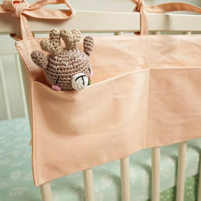 Baby Bedside Bag - 2 Pockets Crib Organizer Hanging for Crib,5 Colors Selection -Baby Toys Storage High-Capacity Baby Hanging Organizer (Apricot color)