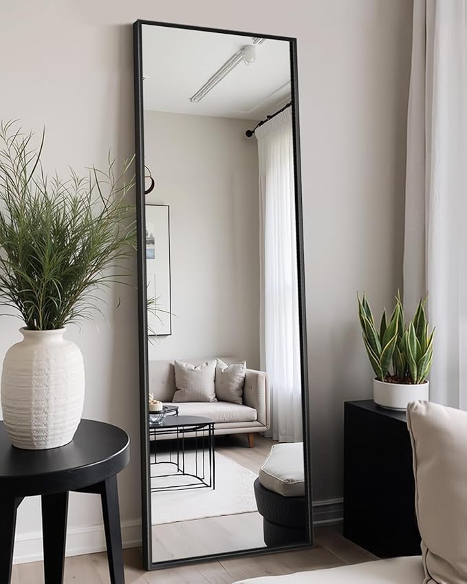 Full Length Floor Mirror 56"x15", Standing Mirror with Aluminum Frame, Large Body Mirror for Bedroom, Living Room and Bathroom, Black
