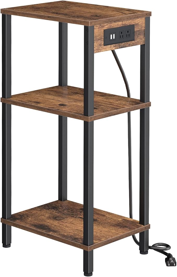 Side Table with Charging Station, Tall End Tables Living Room, 30 Inch Skinny Night Stand with Storage, Small Bedside Tables for Bedroom, Office, Dorm, Hallway, Rustic Brown
