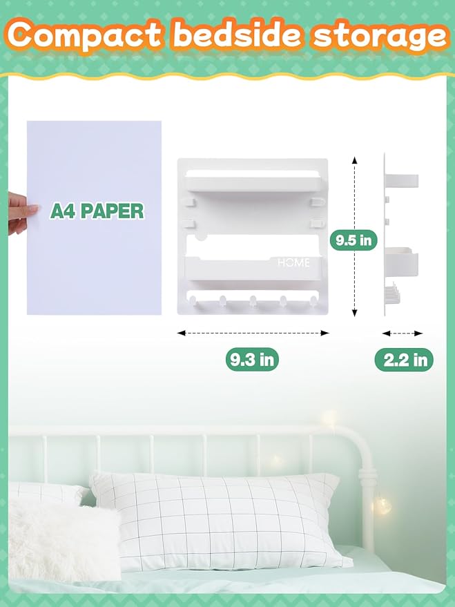 Bedside Wall Organizer Shelf for Bedroom Accessories - Adhesive Bedside Caddy Storage with Cable Clips, Teen Room Decor Essentials