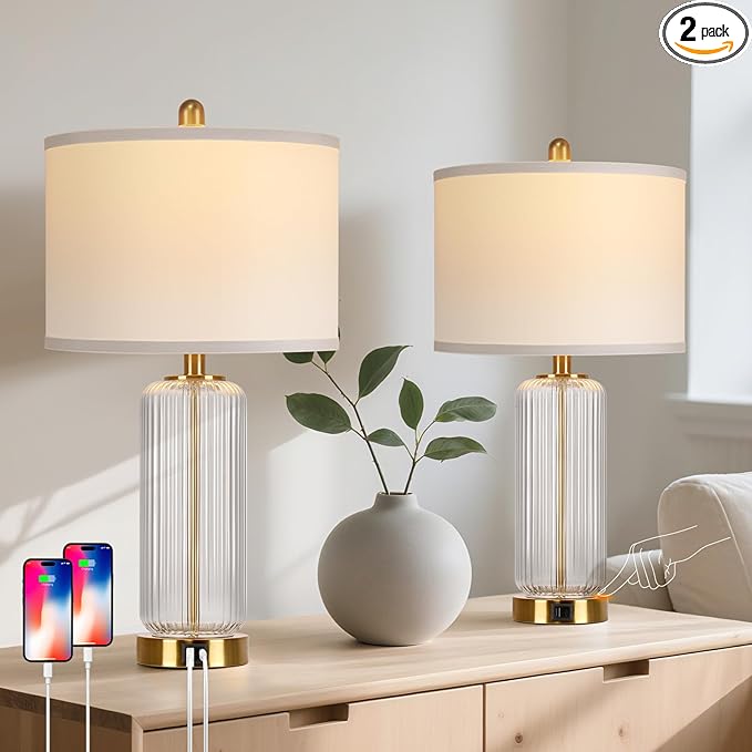 Table Lamps Set of 2 with Touch Control, 27" Modern Glass Bedside Lamps with USB A+C Ports, 3-Way Dimmable Nightstand Lamp with Vertical Grained Glass, Bedside Table Lamps, Desk Lamp for Bedroom