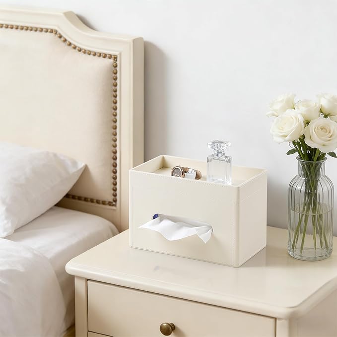 Plus Size Tissue Box Cover Rectangle, PU Leather Tissue Box Holder with Storage Tray, Decorative Organizer Tissue Holder for Bathroom, Bedroom Dresser, Night Stand, Office (Beige)