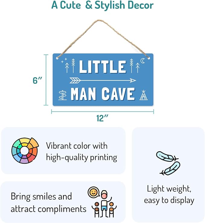 Little Man Cave Sign, 12″x6″ PVC Plastic Wall Decoration Hanging Sign, High Precision Printing, Water proof, Boys Room Door Sign, Boys Only Sign, Game Room Décor