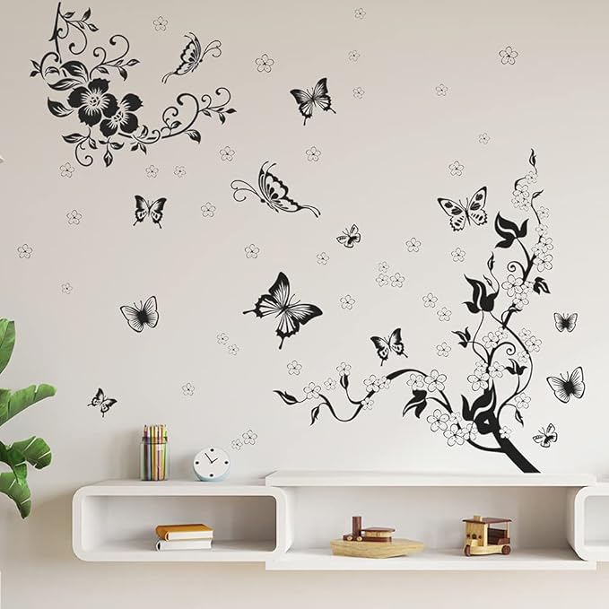Supzone Flowers Vine Wall Decals - Black Flowers Stickers, Butterfly Decor, Removable Vinyl Art for Bedroom, Living Room, Office, Sofa Backdrop, TV, Home Decoration