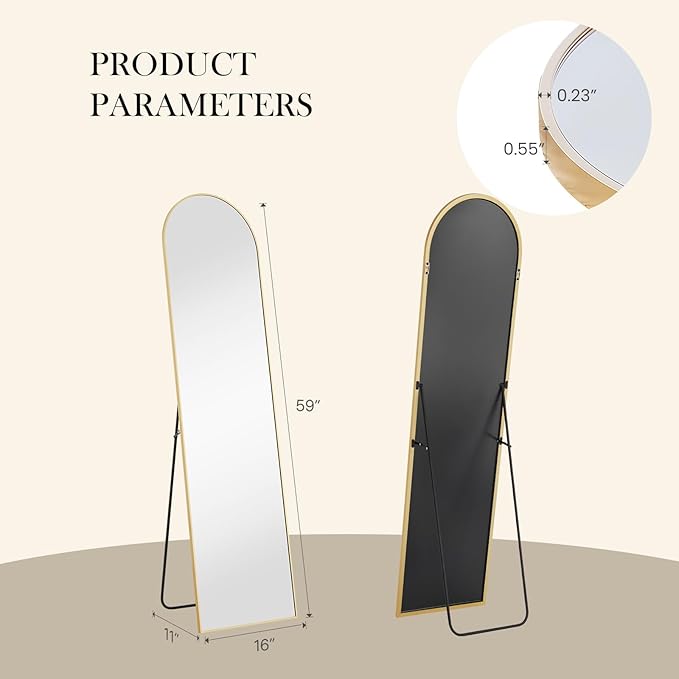 NEWBULIG Arched Full Length Mirror 59.2"x16" for Bedroom, Full Body Mirror with Stand, Hanging or Leaning for Wall, Aluminum Alloy Thin Frame Floor Standing for Living Room, Tall, Gold