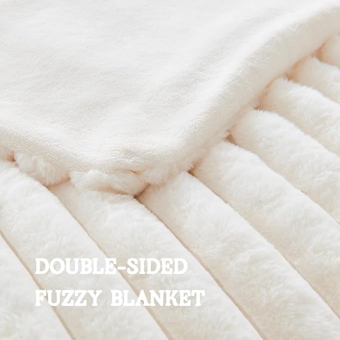 Lotus Karen Blanket for Bed Queen Size, Cozy Soft Fluffy Fuzzy Cream White Blanket, Striped Warm Thick Furry Plush Shaggy Large Blankets for Women, 90x90 Inches