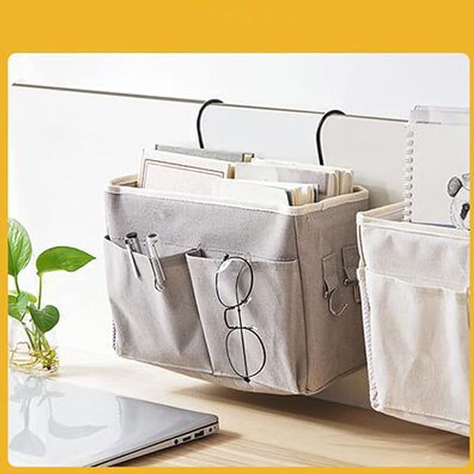 flexman Nightstand Hanging Bag, Hook Design Bedside Storage Pocket Organizer Basket with Metal Bracket and Wear Resistant Fabric for Kitchen Wardrobe Doors, Hanging Rods(Gray)