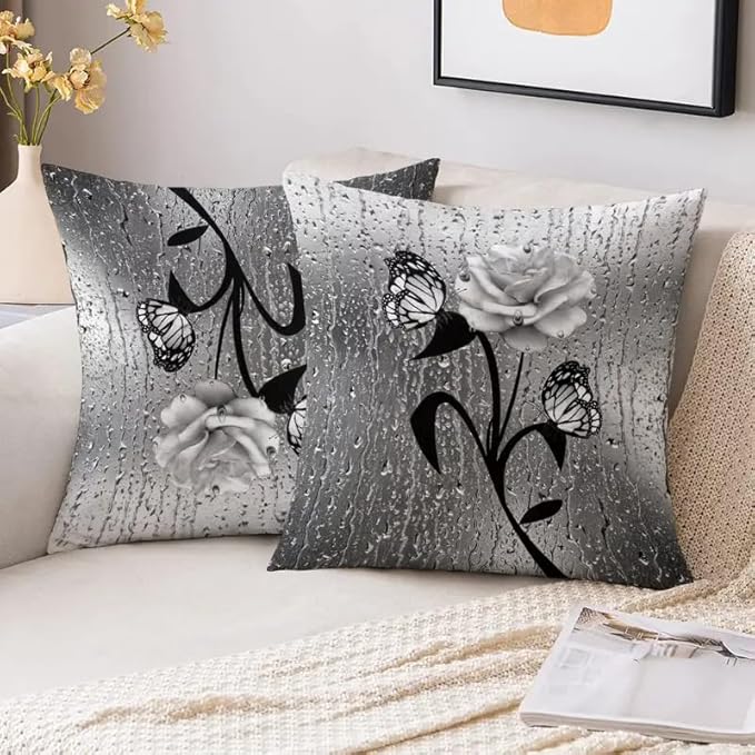 2pcs Elegant Decorative Throw Pillow Cover with Butterfly and Rose Design, Black and White Raindrop Pattern, Square Shape，18x18 Pillows Linen Pillowcase