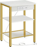 HOOBRO Side Table with Charging Station and USB Port, Small End Table for Small Space, 3-Tier Nightstand with Adjustable Shelf, for Living Room, Bedroom and Balcony, White and Gold DW112BZ01G1