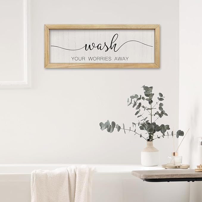 comurdyo Funny Laundry Room Plaque Wash Your Worries Away Bathroom Sign Wall Decor Inspirational Quote 16×6 Inch for above the Bathtub Restroom Small Wooden Framed Wall Hanging Art (Wood)