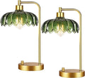 Glass Table Lamp Set of 2,Small Gold Bedside Lamps Dimmable Boho Bedroom Lamp with Tulip Flower Green Lamp Shade,Vintage Mid Century Modern Mini Nightstand Lamp for Bedroom Living Room