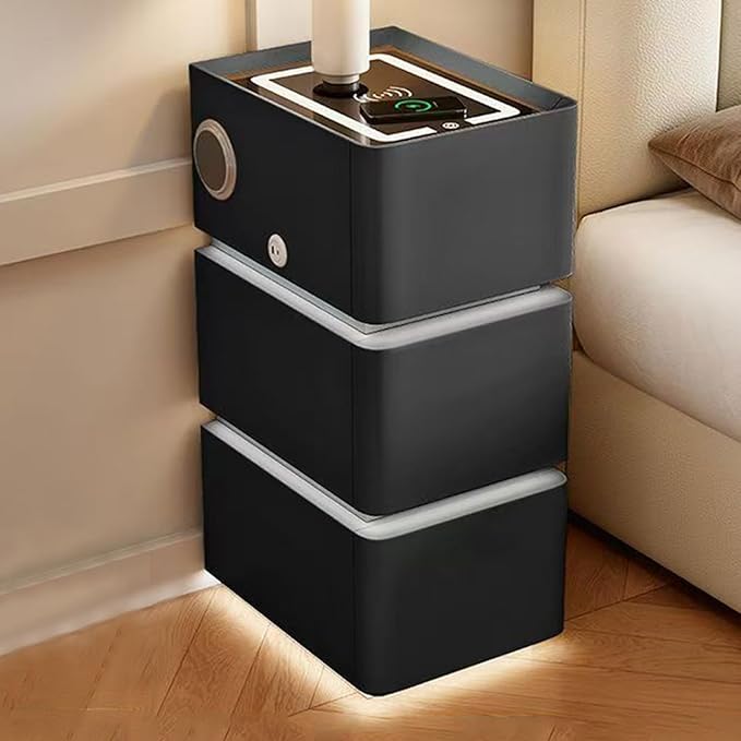 Smart Narrow Nightstand with 3 Drawers 11.8" W x 15.7" D x 25.2" H, Charging Nightstand, Modern Leather Bedside Table, Password Lock, LED Sensor Light, USB Port (3 Drawers, Black)