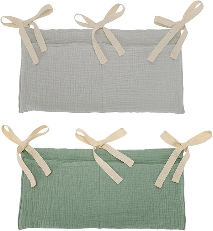 Cotton Baby Bedside Hanging Storage Bag, 2-Pack Hanging Diaper Organizer for Crib & Changing Table 2 Pockets Organizer for Baby Cribs and Toys