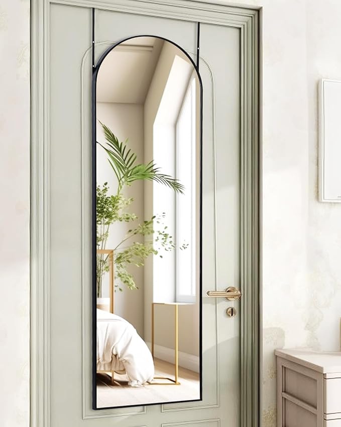Full Length Mirror 48x14 Inches - Over The Door Hanging Mirror for Bedroom, Living Room, Closet - Arch Floor Mirror, Door Mirror with Black Frame - No Drill Easy Install