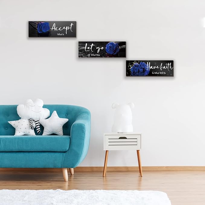 ZINYAZHE 3 Pcs Blue Bathroom Wall Decors Inspirational Blue Decor Wooden Roses Flower Wall Art Office Wall Decor with Accept Let Go Have Faith Quotes for Girl Women Bathroom Bedroom(12 x 4 Inch)