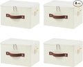 4 Pack Storage Bins with Zipper Lid Cotton Linen Fabric Lidded Storage Baskets Boxes Foldable Washable Closet Shelf Clothes Organizer Container with PU Leather Handles (Beige, Small)
