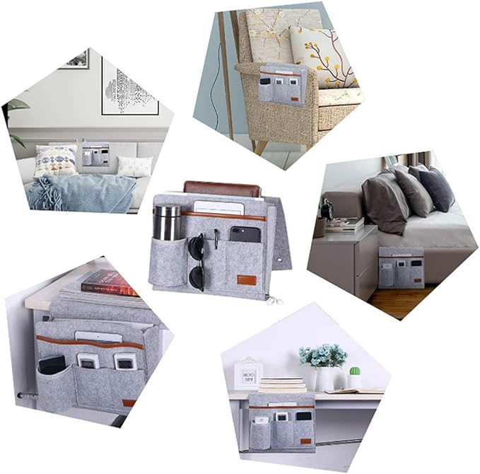 Bringsine Bedside Caddy, Felt Bed Storage Organizer Hanging Bag Holder with 5 Pockets for Magazine Book Phone Tablet iPad Cables Remote & Water Bottle Holder Home Dorm Bed Sofa-Light Gray