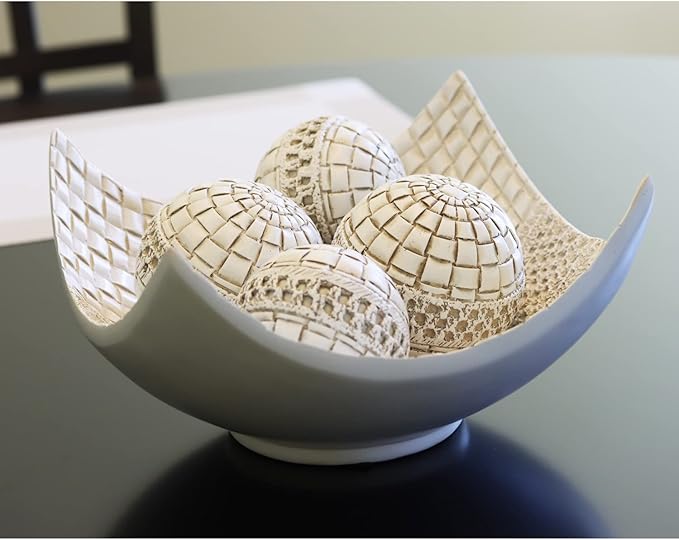 Seraphic 5pc Scoop Bowl Table Centerpieces for Dining Room, Large Decorative Bowls for Coffee Table Decor, Kitchen, Orbs/Balls Included, 14" diagonal. 11" wide and 5.75" tall, White