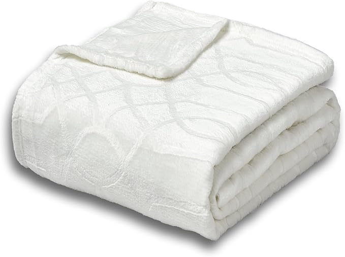 Soft Cozy Fleece Queen Size Blanket, 90x90 Inches – Lightweight Plush Blanket for Bed, Fuzzy 3D Jacquard Design - Ivory White