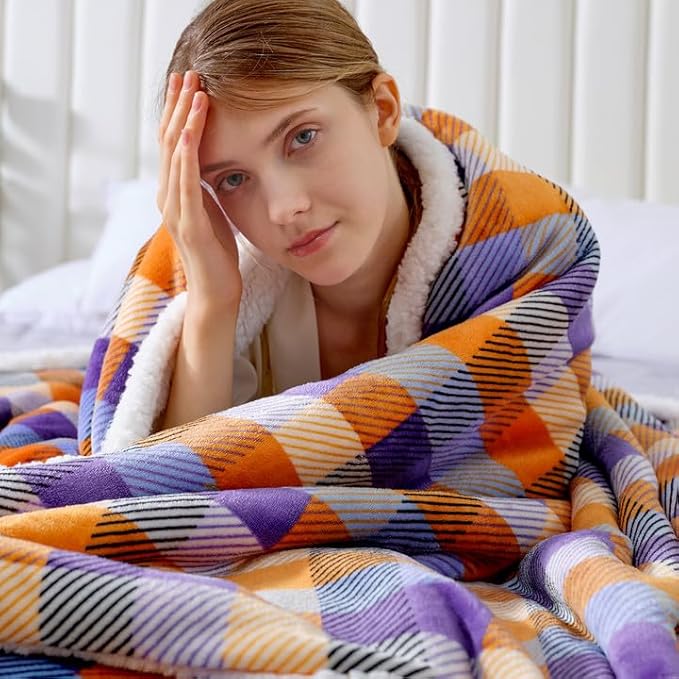 BEAUTEX Sherpa Fleece Flannel Throw Blanket, Fall Super Soft Warm Checkered Plaid Plush Blankets and Throws, Warm Autumn Winter Cozy Fuzzy Blanket for Couch Sofa Bed (Orange and Purple, 50" x 60")