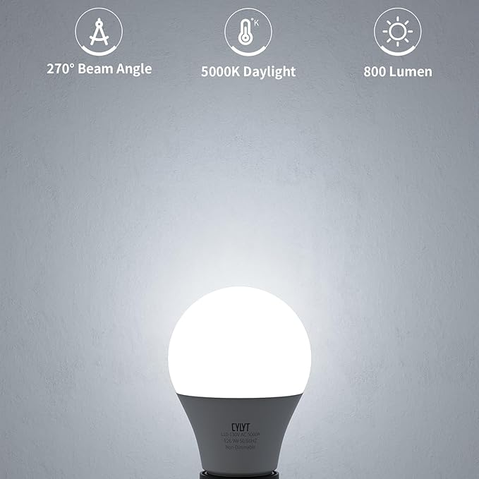 Light Bulbs 60 Watt Equivalent Solt White 5000K, E26 A19 LED Light Bulb 9W 800 Lumen, Focos LED para Casa, 120V 60HZ Lightbulbs for Indoor Outdoor, Non-Dimmable, 20-Pack