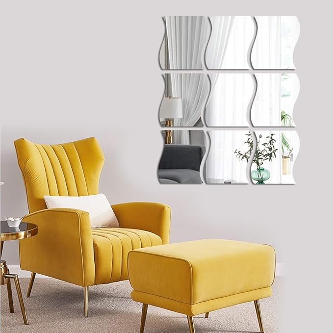 12PCS Wavy Mirror Wall Stickers, Full Length 3D Art DIY Home Decorative Acrylic Sheet Plastic Tiles for Living Room Bedroom Sofa TV Setting Wall Decoration Decor