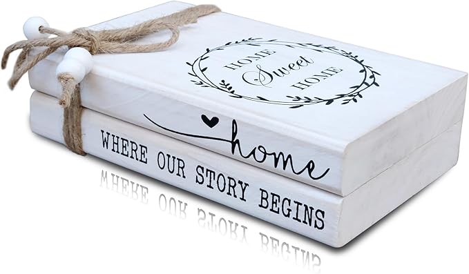 LIVDUCOT 2pcs Wooden Decorative Books Stack for Coffee Table Modern Farmhouse White Book Decor for Shelf Fireplace Mantle, Faux Books for Decoration (Home Where Our Story Begins)