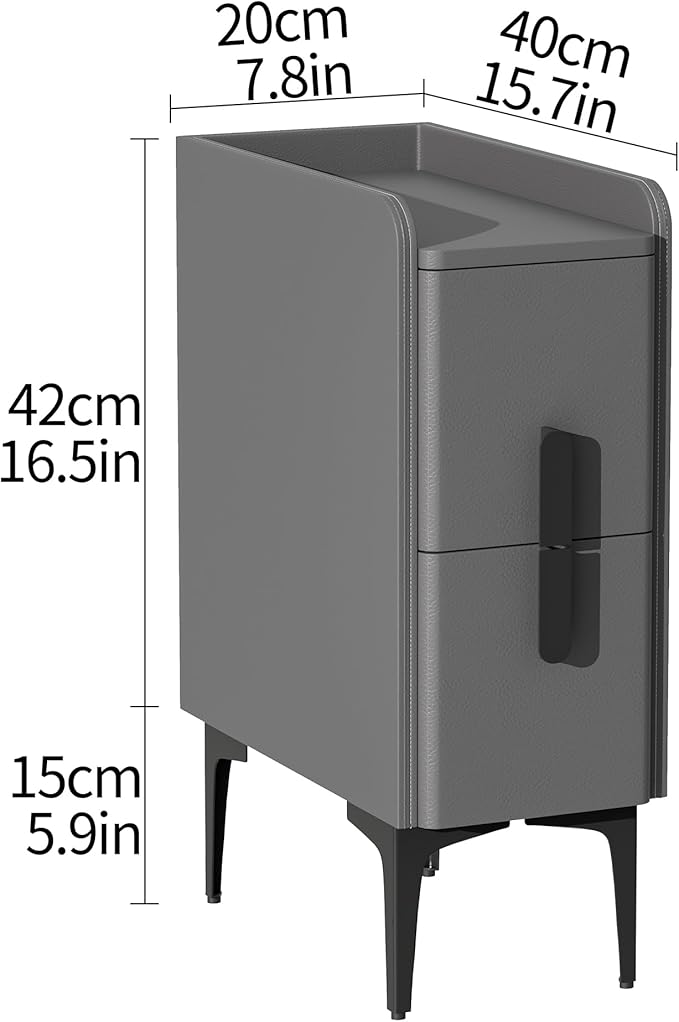VICITON Narrow Nightstand with 2 Drawers, Narrow Side Table Leather Surface, Slim Bedside Table for Bedrooms, Dormitories, Living Rooms (Light Gray, 15.7" D x 7.8" W x 22.4" H)
