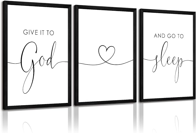 Give It to God and Go to Sleep Sign Canvas Wall Art Above Bed Wall Decor for Bedroom Bible Verse Prints Farmhouse Bedroom Pictures Artwork for over the Bed 16x24 Inch Framed Set of 3