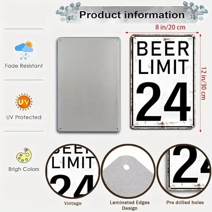 Bar Accessories Vintage Beer Limit 24 Tin Sign for Home Bar Man Cave Garage Basement Decor 8X12 Inch (3396)