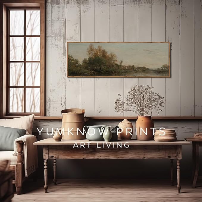 Framed Canvas Wall Art for Bedroom - Long Horizontal 13.5x40" Above the Bed - Vintage Farmhouse French Country - Lake Autumn Fall Forest River Landscape - Cottagecore Aesthetic Master Guest Room Decor