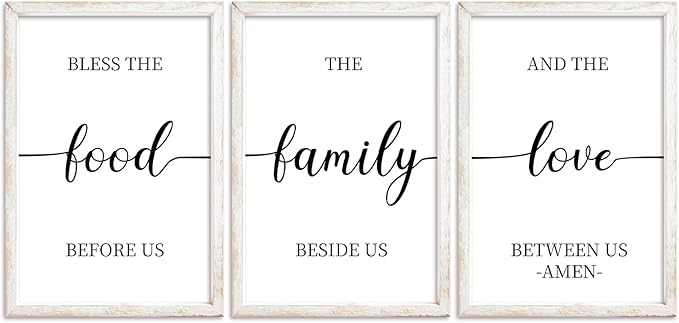flowtorely Bless the Food Before Us Sign Wall Decor 16"×11" Set of 3 for Dining Room Kitchen Rustic Wood Framed Wall Hanging Art (White)