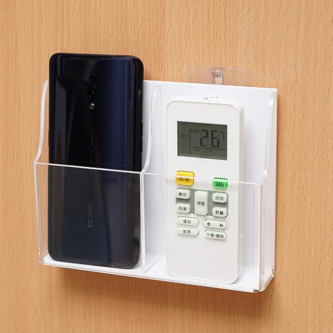 Acrylic Cell Phone Storage Holder Wall Mount TV Remote Control Media Storage Box Organizer (White Back, 2 Solts)