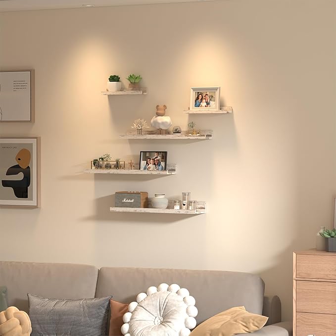 Giftgarden 24 Inch Wall Mounted Floating Shelves Set of 5, Distressed White Wood Wall Shelves for Bathroom, Bedroom, Kitchen, Living Room Storage and Decoration, Rustic Wooden Picture Ledge