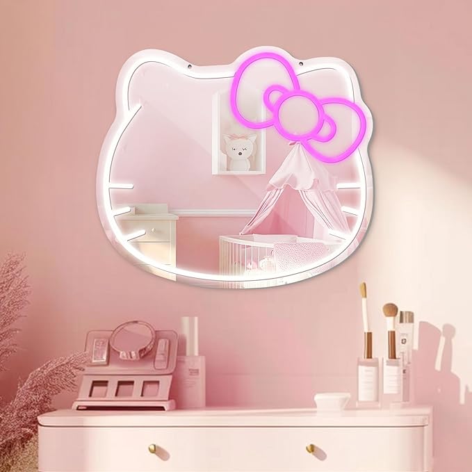 Neon Sign Mirror Vanity, Stuff Room Decor, Neon LED Wall Mirror for Makeup Mirrors, Bedroom, Teen Girl Children Gift for Birthday Valentine's Day Christmas Halloween Thanksgiving