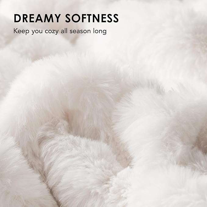EVERGRACE Luxurious Soft Faux Rabbit Fur Throw Blanket, Cozy Fuzzy Plush Warm Throws for Couch Bed Sofa Chair Home Decor, Ruched Bubble Fluffy Blanket with Reversible Velvet, 50" x 60", Ivory White