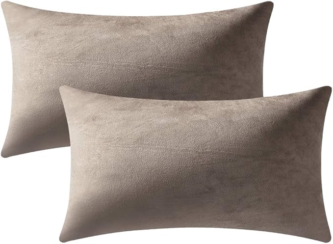 DEZENE Lumbar Pillow Covers 12x20 Taupe: Pack of 2 Cozy Soft Velvet Rectangular Modern Luxury Decorative Throw Pillow Cases for Sofa Couch Living Room Bed Home Decor