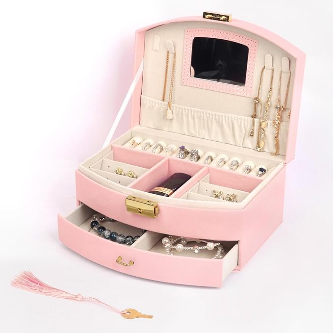 Jewelry Box Organizer, PU Leather Double Layer Jewelry Organizer with Drawer and Mirror, Lockable Jewelry Storage Organizer for Rings Earrings Necklaces, Portable Jewelry Box for Home and Travel