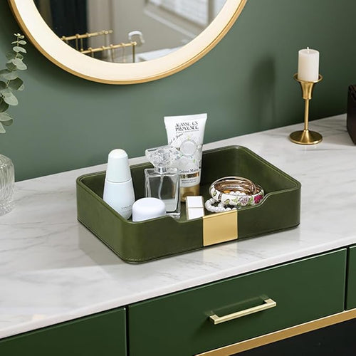 10.2" x 6.7" Nightstand Organizer Tray with Gold Accent, Decorative Valet Trays Cologne Organizer for Men, Key Bowl Perfume Trinket Tray for Dresser Bedside Entryway Table (Olive Green)