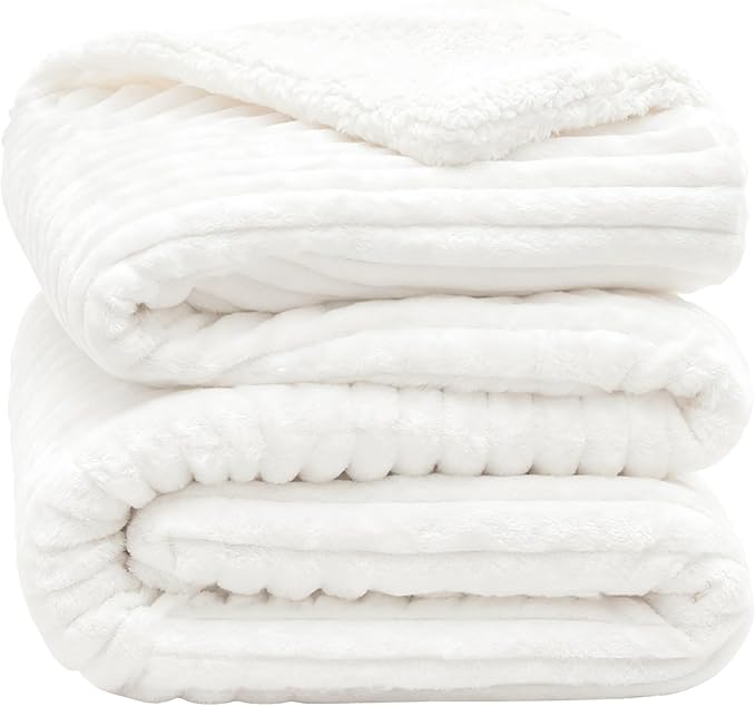 INFIIXSO Sherpa Fleece Queen Size Blanket - Super Soft & Warm Striped Fleece, Cozy Plush Fluffy Large Bed Blanket All Season Use (Off White, 90x90 Inches)