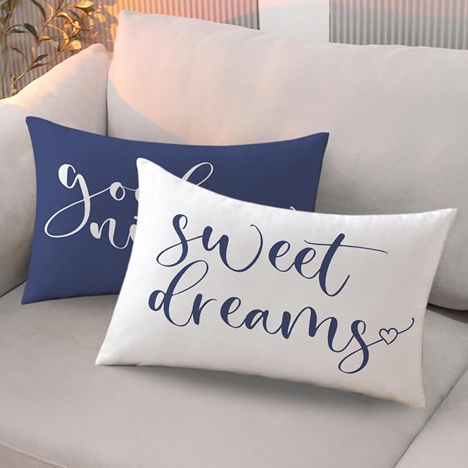 Bedding Decorative Lumbar Pillowcases Sweet Dreams Good Night Cushion Covers Sleep Themed Decorative Throw Pillow Covers 12''x20'',2Pack Super Soft for Bedroom Guest Room Housewarming Gifts (Blue)