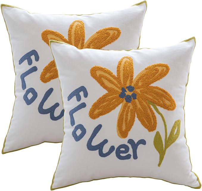 YIcabinet Pillow Covers Set of 2, Embroidered Yellow Flower Pattern Throw Pillow Cover,Square Cotton Cushion,Pillow Case for Sofa Bedroom Couch,18"x18"