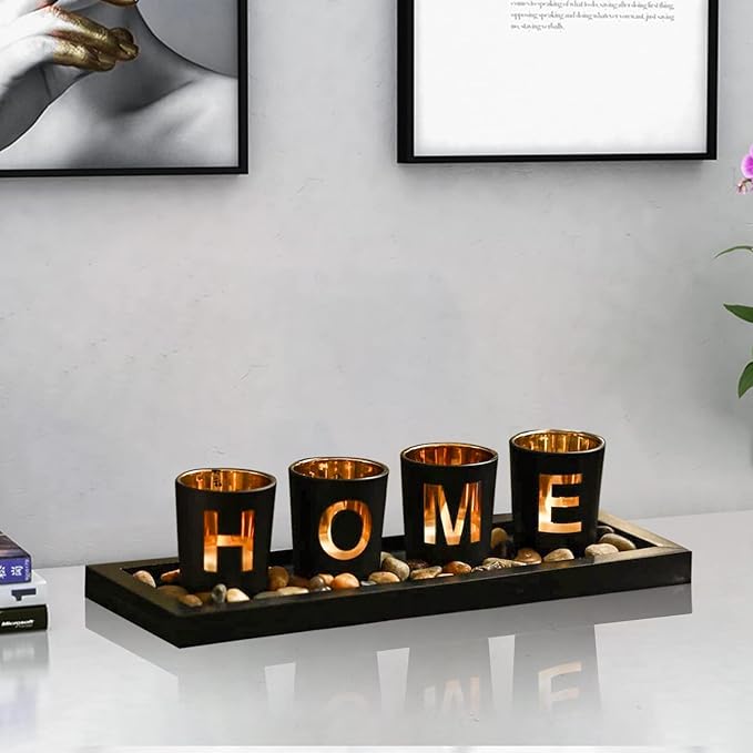 MrMrKura Home Decorative Candle Holder Set, 4 Glass Tea Light Candleholders with Wooden Candle Holders Tray, Natural Pebbles for Home Decor Table Decorations Centerpiece