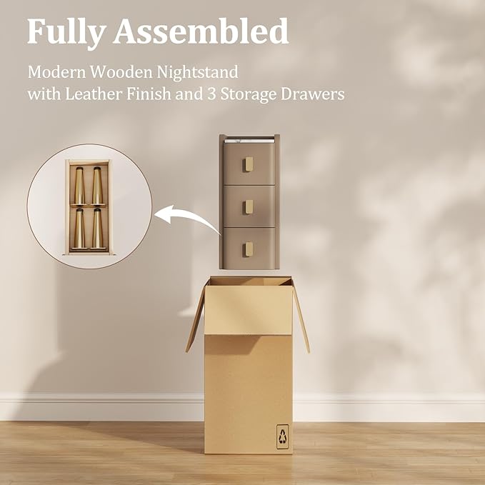AQIMUELE Narrow Nightstand with Drawers, Narrow Side Table Leather, Small Bedside Tables for Bedroom. (Beige)