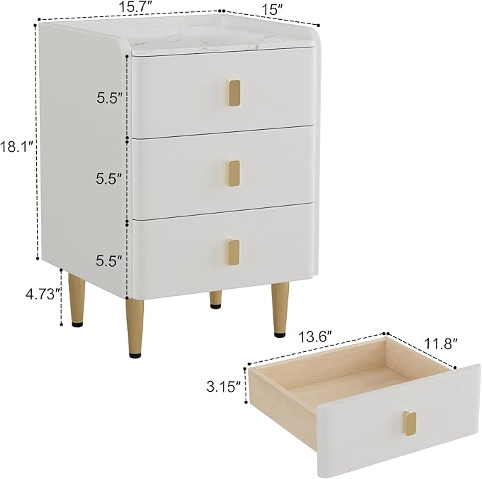 AQIMUELE Narrow Nightstand with Drawers, Narrow Side Table Leather, Small Bedside Tables for Bedroom. (White)